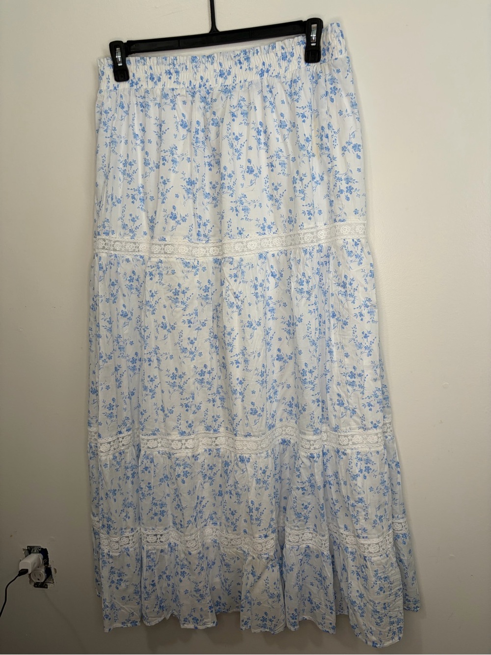 Altar'd State White Maxi Skirt with Blue Floral Print and Lace Tiers